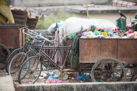 KATHMANDU, NEPAL - DEC 19, 2013: Pile of domestic garbage at landfills. Only 35% population of Nepal have access to adequate sanitation.のeditorial素材