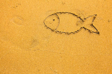 Fish written in sand on beach texture.の写真素材