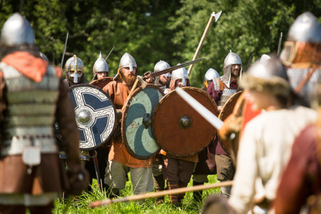 STARAYA LADOGA, RUSSIA - JULY 13: Unidentified participants during of international historical festival of medieval culture Ladogafest-2013 (12-14 of Jul) on July 13, 2013 on Staraya Ladoga, Russia.のeditorial素材