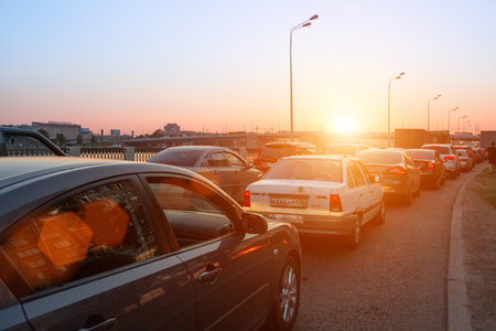 ST.PETERSBURG, RUSSIA - JUNE 25: Shortness of traffic due to repairs Greater Obukhov (cable-stayed) Bridge, Jun 25, 2013, St.Petersburg Russia. Congestion length of 6.3 km was formed on the Ring Road.のeditorial素材