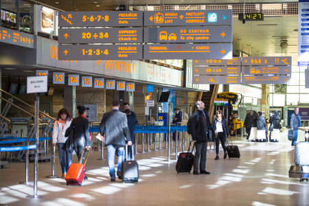 KRAKOW, POLAND - MAR 11, 2014: Terminal hall of John Paul II International Airport Krakow-Balice celebrated its 50th anniversary. The airport has one concrete runway, number 07/25, 2,550 m x 60 m.のeditorial素材