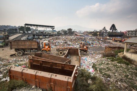 KATHMANDU, NEPAL - DEC 19, 2013: Pile of domestic garbage at landfills. Only 35% population of Nepal have access to adequate sanitation.のeditorial素材