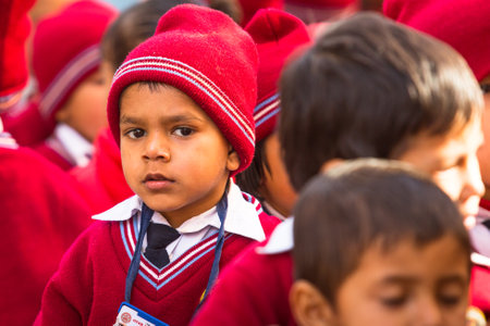 KATHMANDU, NEPAL - DEC 22: Unknown pupils during dance lesson in primary school, Dec 22, 2013 in Kathmandu, Nepal. Only only 25% of girls attend schools and half of the children can reach the 5 grade.のeditorial素材