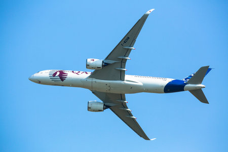 BERLIN, GERMANY - MAY 20, 2014: The aircraft Airbus A350 XWB, demonstration during the International Aerospace Exhibition ILA Berlin Air Show-2014.のeditorial素材