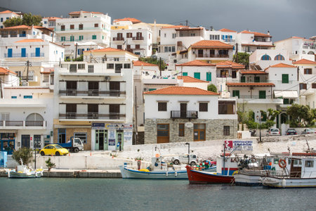 ANDROS, GREECE - APR 28, 2014: Marina of Andros, is the northernmost island of the Greek Cyclades archipelago in the Aegean Sea - area is 380 km2, 40 km long, and its greatest breadth is 16 km.のeditorial素材