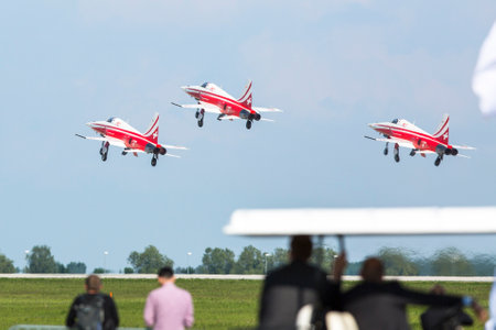 BERLIN, GERMANY - MAY 20, 2014: Aerobatic team Northrop F-5E Tiger II (Patrouille Swiss)...