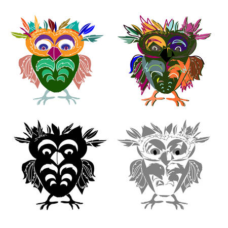 Set of Cute Owl (on a white background), cartoon drawing, cute illustration for children, vector illustrations (hipster symbol series)のイラスト素材
