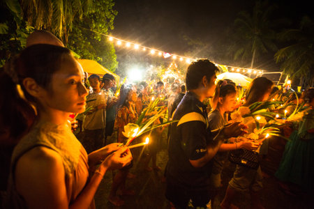KOH CHANG, THAILAND - FEBRARY 25: Unidentified local people during the celebration Buddhist festival Chotrul Duchen, Febrary 25, 2013 on Koh Chang, Thailand.のeditorial素材