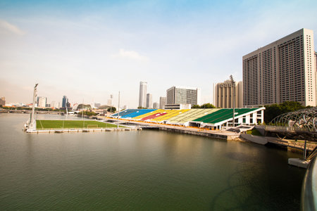 SINGAPORE - APRIL 15: A view of city in Marina Bay business district  on April 15, 2012 on Singapore. Asian financial center, the city state is one of the most dynamically developing countries in the world.のeditorial素材