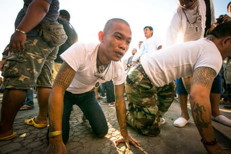 NAKHON CHAI, THAILAND - MAR 23: Unidentified participant Master Day Ceremony able Khong Khuen -...