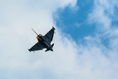 BERLIN, GERMANY - MAY 20, 2014: Multirole twin-engine fighter Eurofighter Typhoon (Germany), demonstration during the International Aerospace Exhibition ILA Berlin Air Show-2014.のeditorial素材