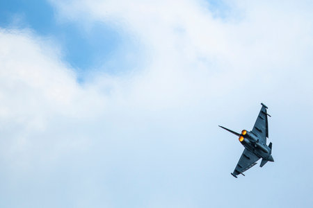 BERLIN, GERMANY - MAY 20, 2014: Multirole twin-engine fighter Eurofighter Typhoon (Germany), demonstration during the International Aerospace Exhibition ILA Berlin Air Show-2014.のeditorial素材