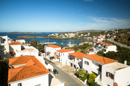 ANDROS, GREECE - APR 29, 2014: Marina of Andros, is the northernmost island of the Greek Cyclades archipelago in the Aegean Sea - area is 380 km2, 40 km long, and its greatest breadth is 16 km.のeditorial素材