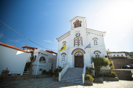 ANDROS, GREECE - APR 29, 2014: Orthodox church on Andros, is the northernmost island of Greek Cyclades archipelago in the Aegean Sea - area is 380 km2, 40 km long, and its greatest breadth is 16 km.のeditorial素材