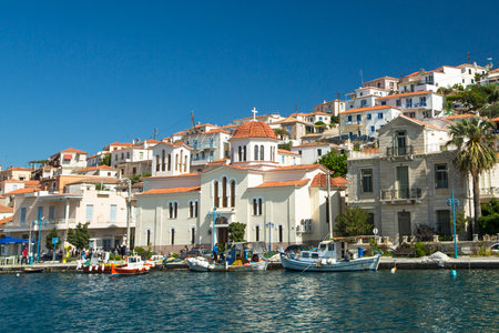 POROS, GREECE - APR 30, 2014: Marina of Poros, is a Greek island in southern part of Saronic Gulf, surface is 31 sq km / 3,780 inhabitants. It is a popular weekend destination for Athenian travellers.のeditorial素材