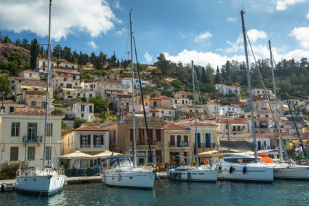 POROS, GREECE - APR 30, 2014: Marina of Poros, is a Greek island in southern part of Saronic Gulf, surface is 31 sq km / 3,780 inhabitants. It is a popular weekend destination for Athenian travellers.のeditorial素材