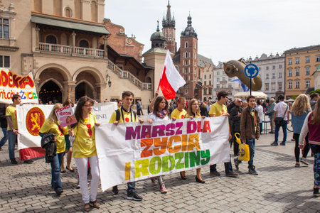 KRAKOW, POLAND - JUNE 1 , 2014 : Rally against abortion in defense of life and family. Inscriptions on a banners : Stop abortion, the right to be born each child etc.のeditorial素材