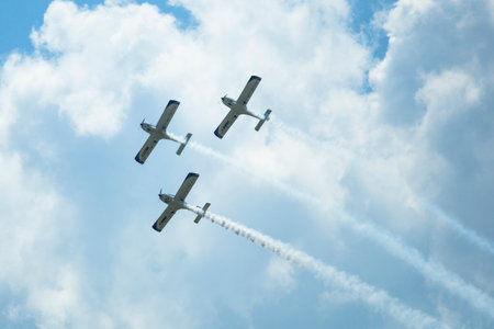 BERLIN, GERMANY - MAY 20, 2014: Aerobatic team 3x Fly Sinthesis Texan Top Class (Wefly team, Italy)...