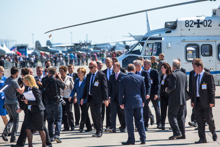 BERLIN, GERMANY - MAY 20 , 2014 : Arrival in a helicopter of German Chancellor Angela Merkel on open up the International aviation and space exhibition ILA.のeditorial素材