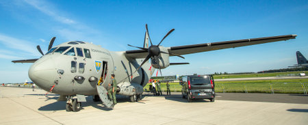 BERLIN, GERMANY - MAY 21, 2014: Military transport aircraft Romanian Air Force Alenia C-27J Spartan,...
