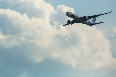 BERLIN, GERMANY - MAY 20, 2014: The aircraft Airbus A350 XWB, demonstration during the International Aerospace Exhibition ILA Berlin Air Show-2014.のeditorial素材