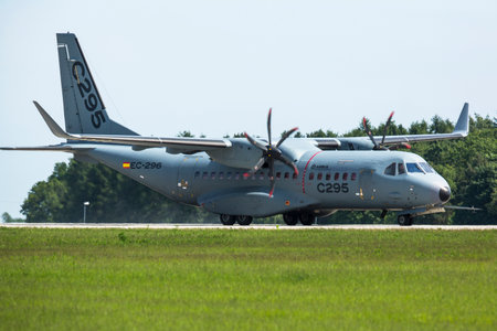 BERLIN, GERMANY - MAY 21, 2014: Twin-Turboprop Transport Aircraft Airbus C-295, demonstration at...