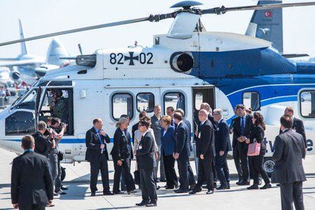 BERLIN, GERMANY - MAY 20 , 2014 : Arrival in a helicopter of German Chancellor Angela Merkel on open...