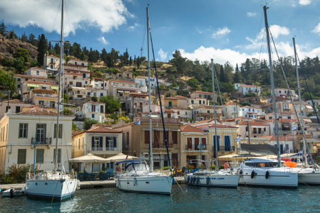 POROS, GREECE - APR 30, 2014: Marina of Poros, is a Greek island in southern part of Saronic Gulf, surface is 31 sq km / 3,780 inhabitants. It is a popular weekend destination for Athenian travellers.のeditorial素材