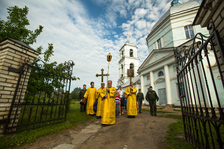 TIKHVIN, RUSSIA - JULY 9, 2014: Unidentified participants Orthodox Religious Procession on the occasion celebrations of the 10th anniversary of the return of the Tikhvin icon of the Mother of God.のeditorial素材