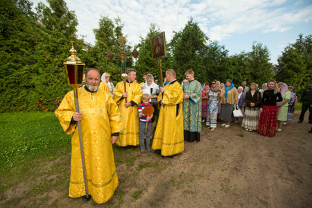 TIKHVIN, RUSSIA - JULY 9, 2014: Unidentified participants Orthodox Religious Procession on the...
