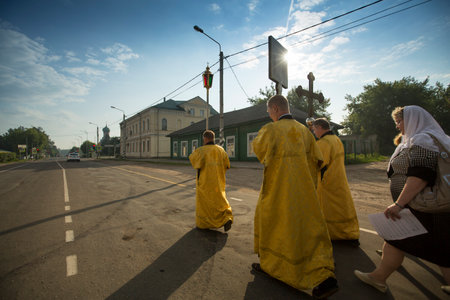 TIKHVIN, RUSSIA - JULY 9, 2014: Unidentified participants Orthodox Religious Procession on the occasion celebrations of the 10th anniversary of the return of the Tikhvin icon of the Mother of God.のeditorial素材