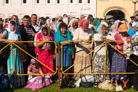 TIKHVIN, RUSSIA - JULY 9, 2014: Unidentified participants Orthodox divine Liturgy on the occasion celebrations of the 10th anniversary of the return of the Tikhvin icon of the Mother of God.のeditorial素材