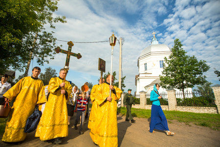 TIKHVIN, RUSSIA - JULY 9, 2014: Unidentified participants Orthodox Religious Procession on the occasion celebrations of the 10th anniversary of the return of the Tikhvin icon of the Mother of God.のeditorial素材