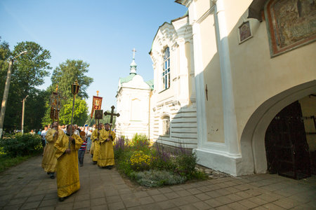TIKHVIN, RUSSIA - JULY 9, 2014: Unidentified participants Orthodox Religious Procession on the...