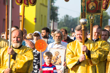 TIKHVIN, RUSSIA - JULY 9, 2014: Unidentified participants Orthodox Religious Procession on the occasion celebrations of the 10th anniversary of the return of the Tikhvin icon of the Mother of God.のeditorial素材