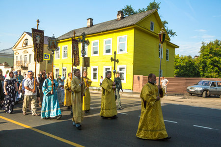 TIKHVIN, RUSSIA - JULY 9, 2014: Unidentified participants Orthodox Religious Procession on the...