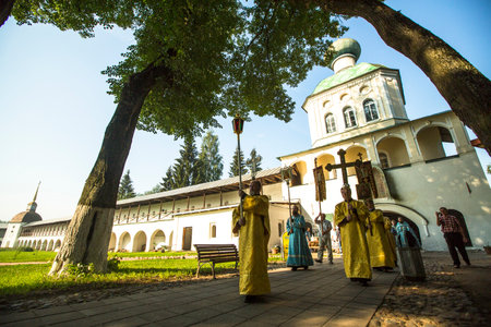 TIKHVIN, RUSSIA - JULY 9, 2014: Unidentified participants Orthodox Religious Procession on the...
