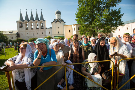 TIKHVIN, RUSSIA - JULY 9, 2014: Celebrations on the occasion of the 10th anniversary of the return of the Tikhvin icon of the Mother of God, Procession and divine Liturgy in Uspensky monastery.のeditorial素材