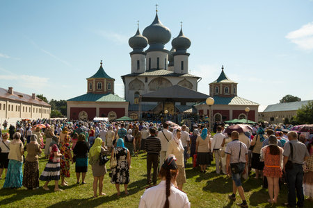 TIKHVIN, RUSSIA - JULY 9, 2014: Celebrations on the occasion of the 10th anniversary of the return of the Tikhvin icon of the Mother of God, Procession and divine Liturgy in Uspensky monastery.のeditorial素材
