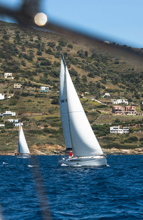 AEGEAN SEA, GREECE - APR 29, 2014: Unidentified sailors participate in sailing regatta "11th Ellada 2014" on Aegean Sea.のeditorial素材