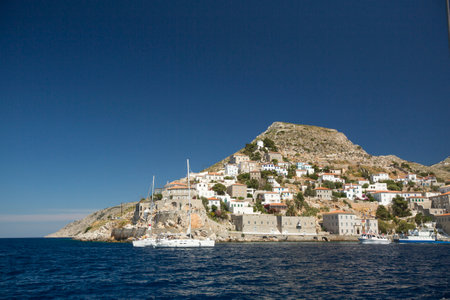 HYDRA, GREECE - MAY 7, 2014: Marina of Hydra Island. Donkeys are the only means of transport on the island, no cars are allowed.のeditorial素材