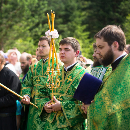 KRASNY BRONEVIK, RUSSIA - JULY 7, 2014: Celebrations commemorating the Rev. Anthony Dymsky (died 1224) in Antony Dymsky Monastery - Procession on Lake Dymsky, the great blessing of water and bathing.のeditorial素材