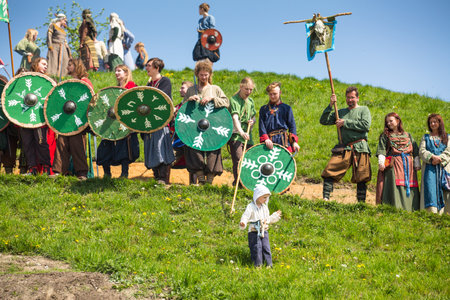 KRAKOW, POLAND - APR 22, 2014: Unidentified participants of Rekawka - Polish tradition, celebrated in Krakow on Tuesday after Easter. Currently has the character of festival historical reconstruction.のeditorial素材