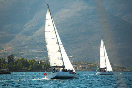 GALAXIDI, GREECE - SEP 29, 2014: Unidentified sailboats participate in sailing regatta "12th Ellada Autumn 2014" on Aegean Sea.のeditorial素材