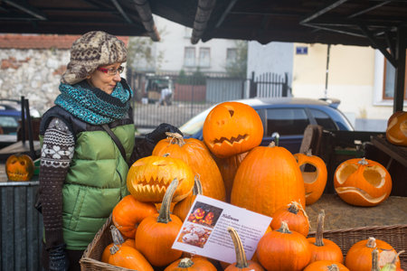KRAKOW, POLAND - OCT 29, 2014: Unidentified townspeople and scenery for celebrating Halloween in Krakow.のeditorial素材