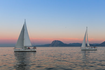 PATRAS - ZAKYNTHOS, GREECE - OCT 2, 2014: Unidentified sailboats participate in sailing regatta "12th Ellada Autumn 2014" on Aegean Sea.のeditorial素材