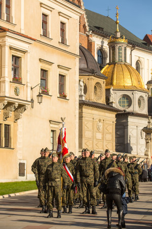 KRAKOW, POLAND - NOV 11, 2014: Unidentified participants celebrating National Independence Day an Republic of Poland - is a public holiday, celebrated every year from 1918 year.のeditorial素材