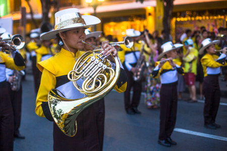 BANGKOK, THAILAND - DEC 5, 2014: Unidentified participants in the celebration of the 87th birthday of Thailand King Bhumibol Adulyadej, is also known as Rama IX, ninth monarch of the Chakri Dynasty.のeditorial素材