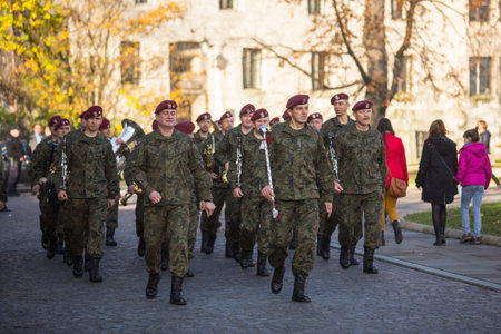 KRAKOW, POLAND - NOV 11, 2014: Unidentified participants celebrating National Independence Day an Republic of Poland - is a public holiday, celebrated every year from 1918 year.のeditorial素材