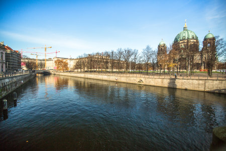 BERLIN, GERMANY - NOV 17, 2014: Spree river and Berlin Cathedral  (Berliner Dom) is the largest Evangelical Church in Germany. Cathedral was built in 1894-1905 by project Julius Raschdorff.のeditorial素材